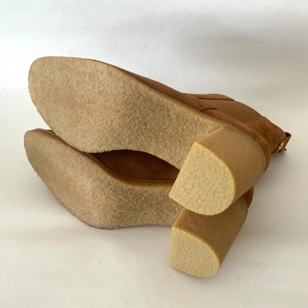 Ralph Lauren Marianna Tan Suede Pull-On Chelsea Booties Block Heel Ankle Boots